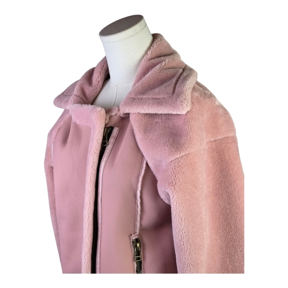 Blush Pink Faux Shearling Moto Jacket Size S Korean Oversized Lapel Zip - Picture 6 of 6